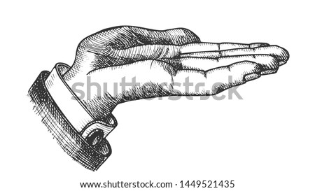 Businessman Left Hand Make Gesture Vintage Vector. Man Show Pointing Gesture Opened Palm Like Holding Cookie. Demonstrate Or Pleased Gesturing Signal Designed in Retro Style Illustration