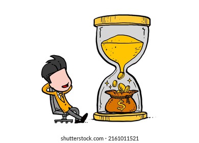 Businessman leisurely waiting his money bag get full. Financial freedom concept. Cartoon vector illustration design.