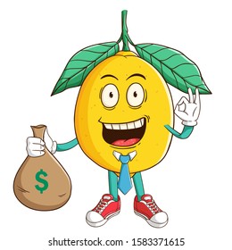 Businessman of lemon cartoon character holding bag full of money with ok hand sign and funny smile face
