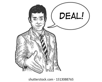 Businessman lend hand for handshake sketch engraving vector illustration. Tee shirt apparel print design. Scratch board style imitation. Black and white hand drawn image.