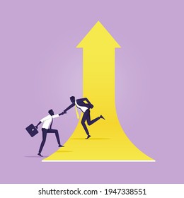 Businessman lends a helping colleague  to climb arrow and growing together