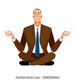 Businessman levitates in a yoga position. Calm Happy Office Worker Sitting in Lotus Pose, Meditating on Workplace. Cartoon Vector Illustration Isolated on White. Stress Relief and Balance in Work