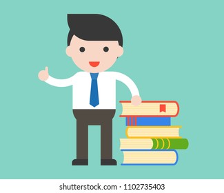 Businessman, librarian or teacher stand with stack of books, education flat design