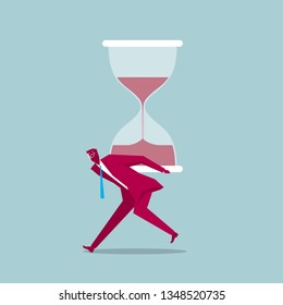 Businessman licking hourglass. Isolated on blue background.