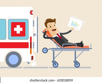 Businessman lie on a stretcher and an ambulance is near him. Concept of health insurance. Vector, illustration, flat