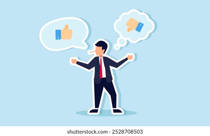 Um homem de negócios mente sobre dar um polegar para cima enquanto na verdade pensa em um polegar para baixo, ilustrando a desonestidade em expressar apreciação  