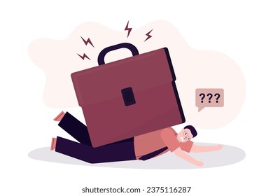 Businessman lies crushed under huge briefcase. Burnout, emotional pressure and workload. Job challenges and responsibilities, problems at job. Workload is too heavy. Corporate slavery. flat vector