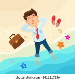 Businessman lies on the beach with his legs in the water. He eyes are closed, enjoyable time. Relaxation after hard work. Business vector illustration, cartoon flat style. Top view.