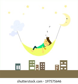 Businessman lies on a cradle,in the sky.