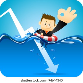 Businessman with Life buoy and  falling arrow