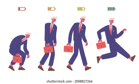 Businessman life energy levels. Tired and vigorous male business character, half and low battery energy levels vector illustration. Office worker life energy. Bad management, exhausted employee