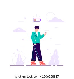 Businessman and life energy. Man tired of working or low battery and need socket. Low battery conceptual illustration. Young female exhausted character. Modern urban life. Flat vector illustration. 