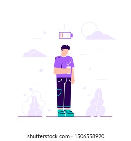 Businessman and life energy. Man tired of working or low battery and need socket. Low battery conceptual illustration. Young female exhausted character. Modern urban life. Flat vector illustration. 