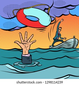 businessman and lifeline. saving the business. life insurance. Comic cartoon pop art retro vector illustration hand drawing