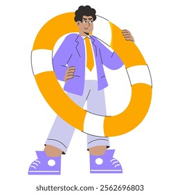 Businessman Lifesaver Concept. Professional businessman holding a life preserver, signaling financial security and assistance. Corporate rescue and support theme. Vector illustration.