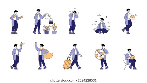 O estilo de vida dos homens de negócios. Diversas atividades e momentos da vida diária de um profissional, do trabalho ao lazer. Cenários de rotina ilustrados. Ilustração vetorial.