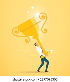 businessman lift the big gold trophy up. vector illustration EPS10 