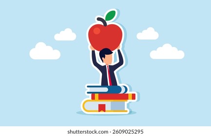 Businessman lifting an apple from behind a stack of books, illustration of completing a business project report
