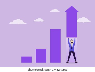 Businessman lifting up an arrow to growth and success. Successful development. concept for planning, business strategy, making goals and goal achievement. Vector illustration