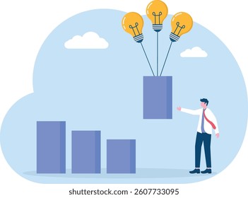 Businessman lifting bar chart with idea bulbs. Business idea and creativity concept

