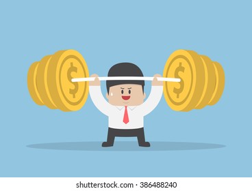 Businessman lifting up barbell with coin weight, financial strength concept, VECTOR, EPS10