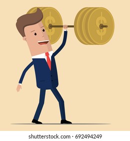 Businessman lifting barbell made of golden coin. Vector illustration for business financial strength and financial health metaphor. Vector illustration