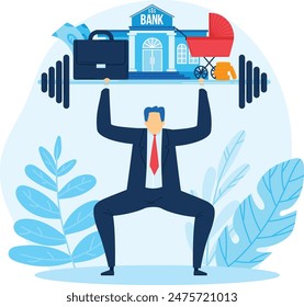 Businessman lifting barbell work debt weights. Financial strength concept corporate challenge. Cartoon male suit economic endurance