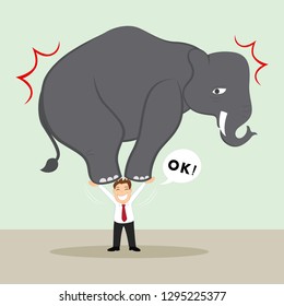 Businessman lifting big elephant above over his head, illustration vector cartoon