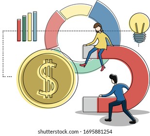 Businessman lifting big magnet while the female figure is sitting on it vector concept, isolated in white background with finance icons