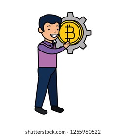 businessman lifting bitcoin icon