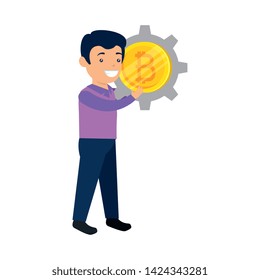 businessman lifting bitcoin icon vector illustration design