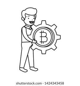 businessman lifting bitcoin icon vector illustration design