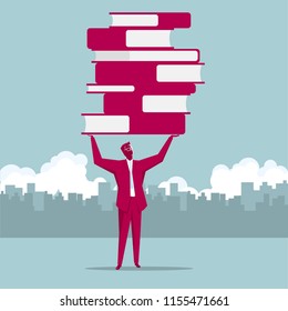 Businessman lifting books on the street. The background is a city view.