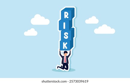 A businessman lifting a box labeled RISK that is very heavy, illustration of an oversized risk burden. Illustration for your presentation and article