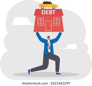 Businessman lifting debt house and car above head, vector illustration

