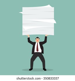 businessman lifting a lot of documents. Business concept