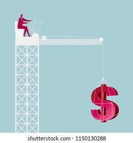 Businessman lifting dollar symbol, isolated on blue background.