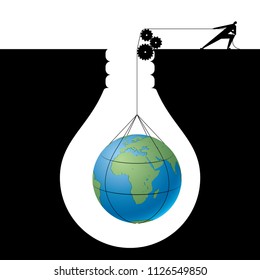 Businessman lifting earth from trap, The trap is in the shape of a light bulb.