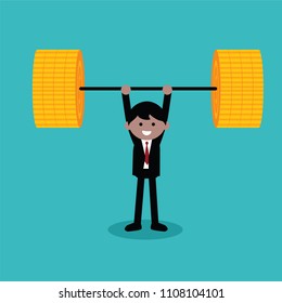 Businessman lifting exercise with barbell coin weight