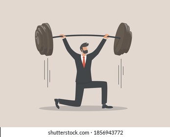 Businessman lifting a heavy barbell, The concept of a successful business and revenue growth.