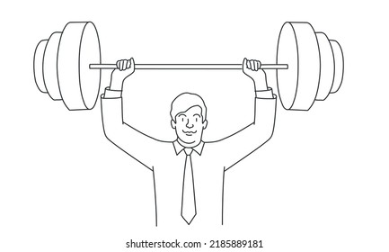 Businessman lifting a heavy barbell. Concept of a successful business. Hand drawn vector illustration. Black and white.