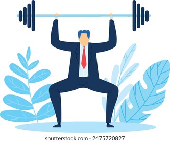 Businessman lifting heavy barbell overhead, demonstrating strength. Cartoon male character suit performing weightlifting, showing determination success. Blue leaves accentuate fitness concept