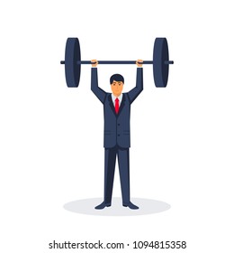 Businessman lifting a heavy barbell.  Power human. Man holding a dumbbell. Vector illustration flat design. Isolated on white background.