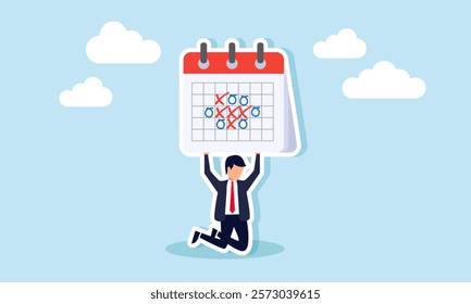 A businessman lifting a heavy calendar agenda, illustration of an overloaded business schedule. Illustration for your presentation and article