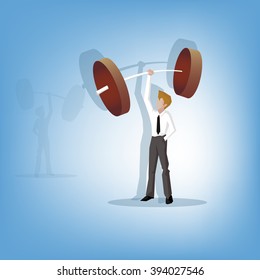 businessman lifting a heavy weight. (Leadership business concept cartoon illustration)