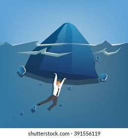 Businessman lifting up iceberge with beautiful transparent sea on background  (Business concept cartoon illustration)