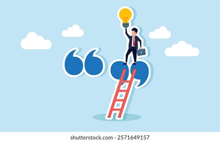 Businessman lifting a lamp while standing on quotation marks, illustration of efforts to generate business ideas gained from forum discussion sharing