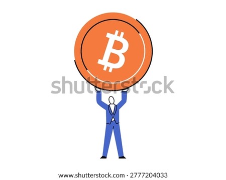 Businessman lifting a large orange Bitcoin coin vector illustration. Cryptocurrency investment, digital finance, blockchain technology, wealth, market growth, success. Professional man holding