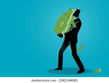 Businessman lifting a large stack of money, represents financial success, hard work, and achievement. Themes for finance, wealth, business growth, or corporate success