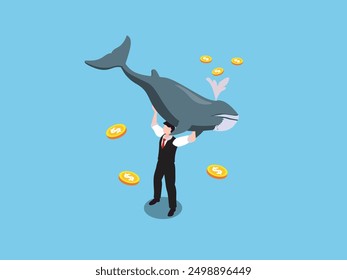 Businessman Lifting Large Whale While Surrounded by Floating Coins 3d isometric vector illustration